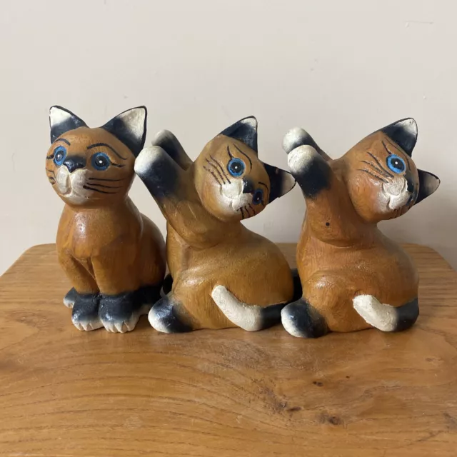 3 Vintage Wooden Hand Carved Kittens/ Cats Playing Cute Kitsch Figurines