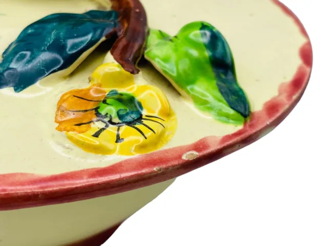 Vintage Italian Majolica Bowl Floral Covered Dish Art Pottery Leaf Signed 3