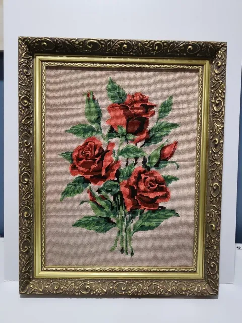 Vintage Needlepoint Of Roses In Ornate Frame 49cm x 61cm Unglazed