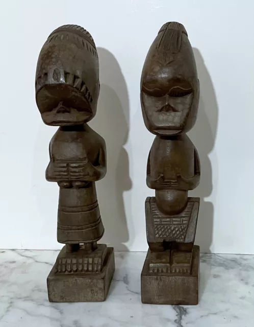 Two Vintage Oceanic Tribal Carved Wood Statues Of Male And Female Figures