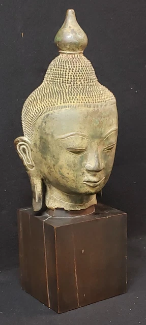 Antique Cast Bronze Sukhothai Buddha Hollow Head Of Sculpture W/ Wood Base Mount