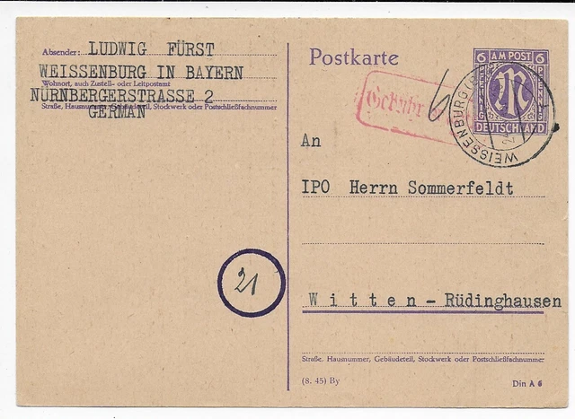 Alliierte Besetzung - Stempel Gebühr bezahlt Weissenburg auf Ganzsache n. Witten