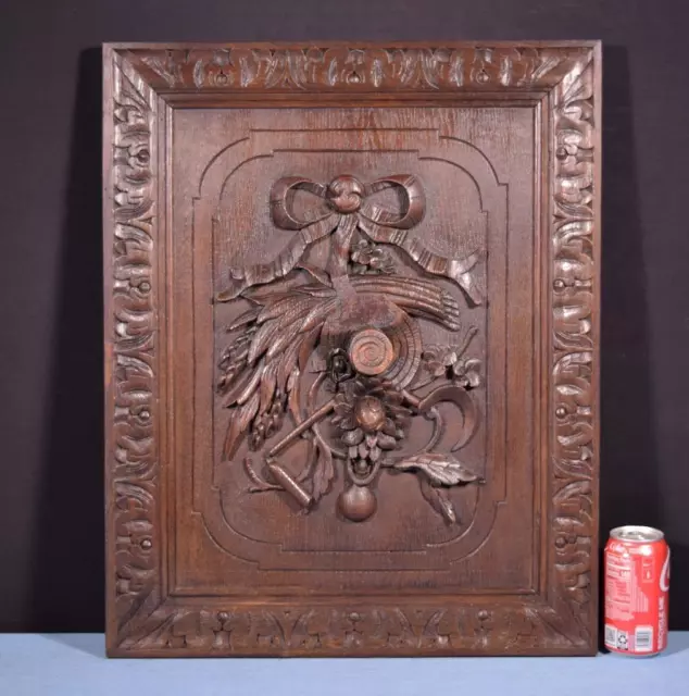 *Antique French Deeply Carved Panel in Solid Oak Wood Salvage with Bow