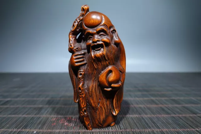 Chinese Buddhism Boxwood Wood Carved longevity Immortal God Shou Star Statue B12