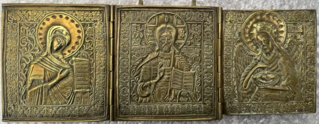 Original alte große russische Metallikone Triptychon Deesis, 19Jh Bronze 14x36cm