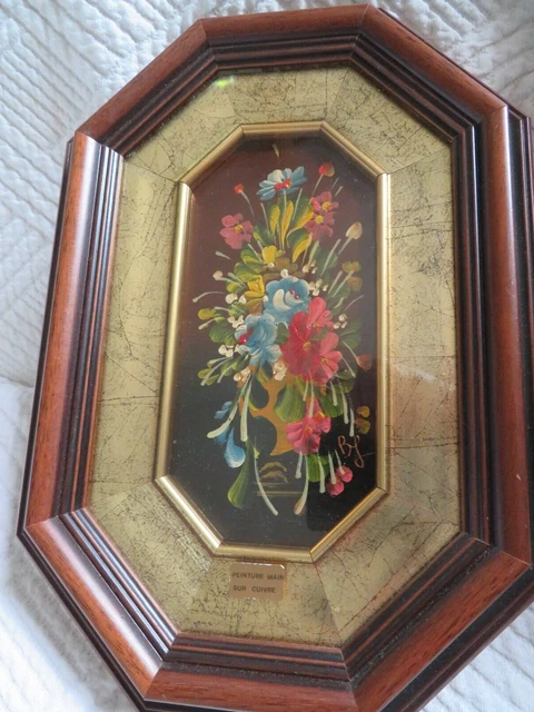 Broche Ancienne Bouquet De Fleurs Peint à La Main Sous Verre - Signée Carray - Occasion
