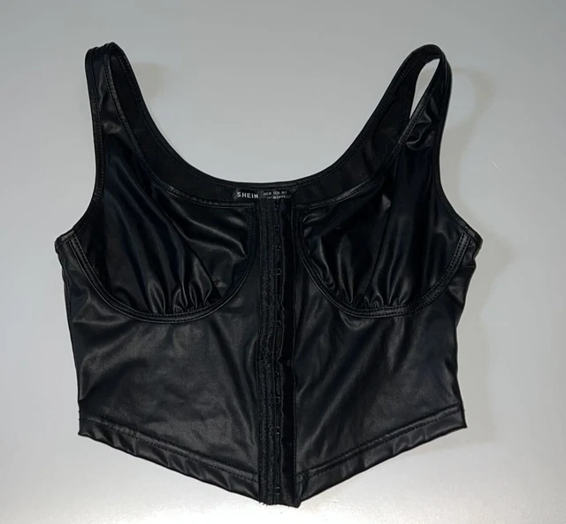 Sexy black SHEIN cropped bodice corset strappy vest shiny leather-look top XS 6