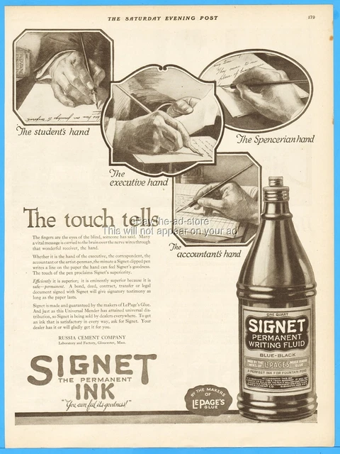 1920 Signet Fountain Pen Ink Russia Cement Gloucester MA Accountant Student Ad