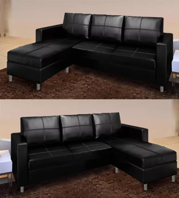 Divano Angolare In Ecopelle Nero Soggiorno Letto Con Pouf E Chaise Reversibile