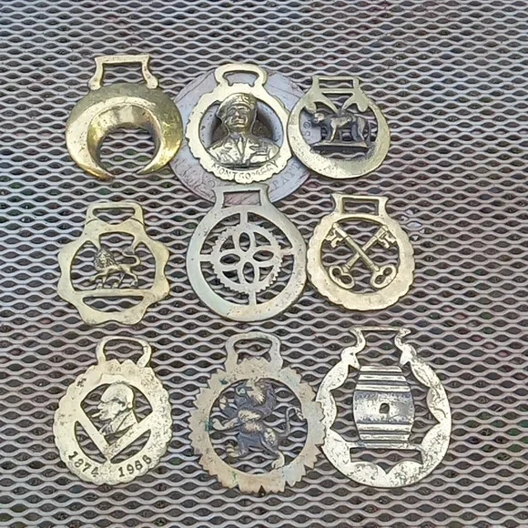 9 Antique Horse Equine Saddle Bridal Show Medallion Brass Decor Victory