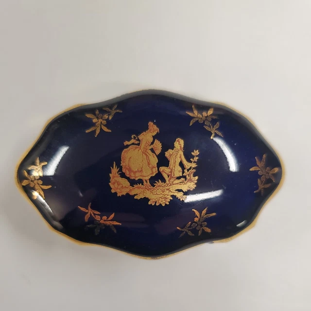 Vintage Limoges France Porcelain Cobalt Blue Trinket Box, Victorian 22k Gold