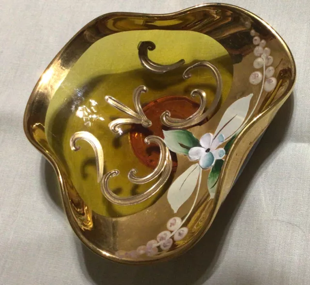 Amber Glass Trinket Holder w/ painted flowers & gold gilt edging. Made In Italy.