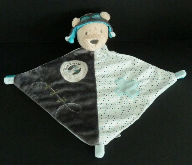 1. Doudou Plat Sauthon Ours Aviateur Oscar Bleu Gris Pois Casquette Bon Voyage