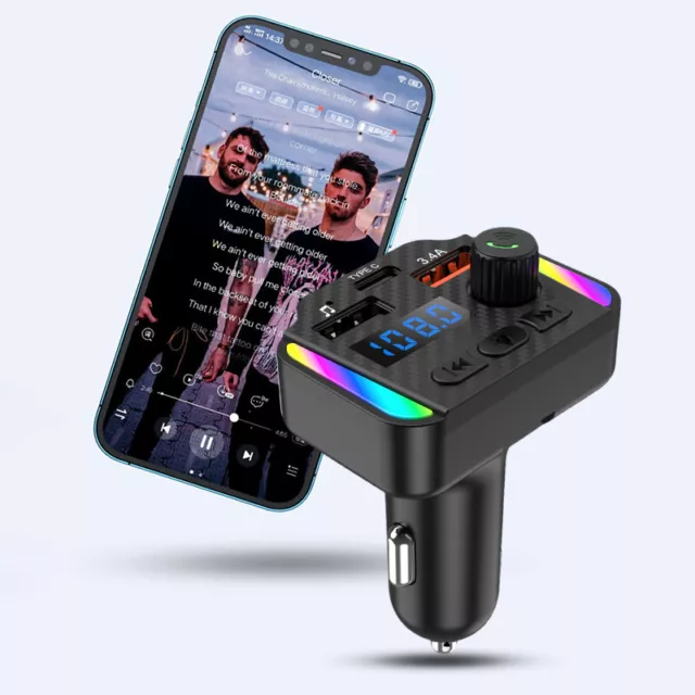 RGB Atmosphere Lamp Fast Charging Car Charger Bluetooth 5.0 FM Transmitter MP Qo