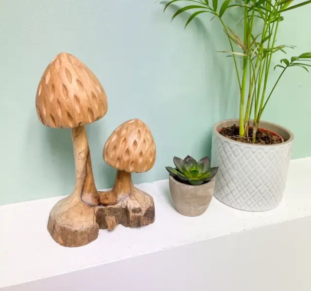 Wooden Carved Morel Mushroom on Log Base Ornament Natural Carving Fair Trade