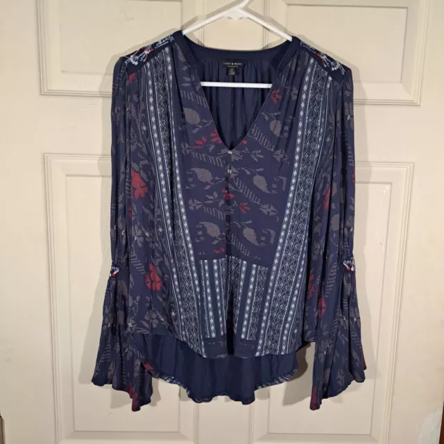 Lucky Brand Boho Shirt Size S Blue Red Floral Embroidered Flutter Sleeve Top