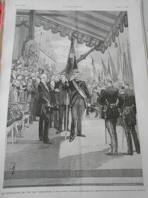 Gravure 1889 - Les tireurs Suisses au concours du Tir Natiional Bannière