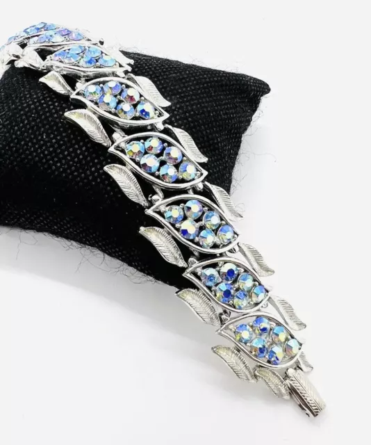 Mint CORO Blue AB Rhinestone & Textured Leaves Bracelet Signed Vintage Jewelry