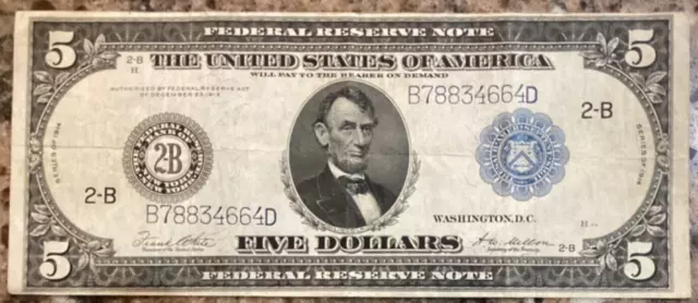 RARE-1914 Large Size Blue Seal $5 Federal Reserve Note 2-B New York Five FR#851C