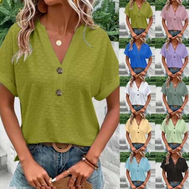 Women Short Sleeve Solid Button Blouse Tops Summer Casual Baggy V Neck T Shirt