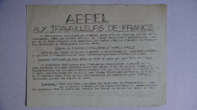 WW2 Tract. Libération. Appel aux travailleurs de France. Le débarquement allié..