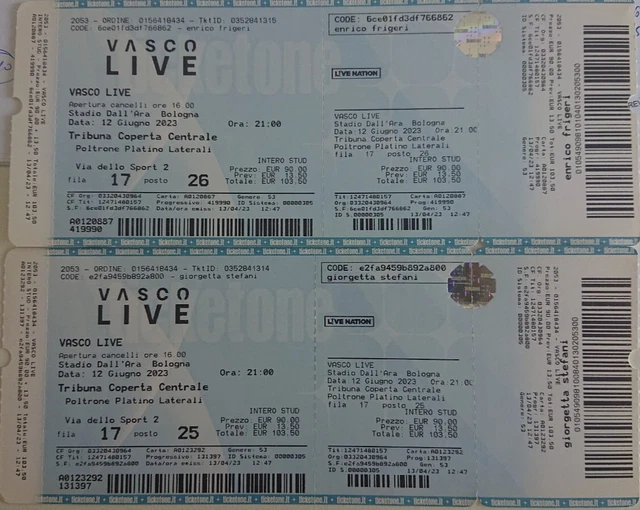 N. 2 Biglietti concerto Vasco Rossi - Bologna 12/06/2023 - tribuna coperta centr