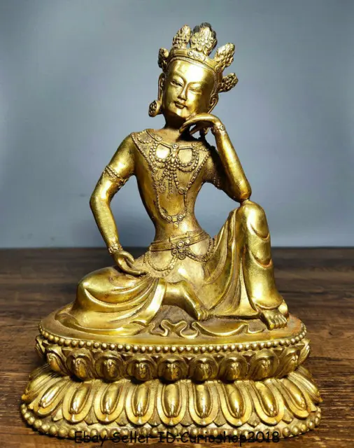 7.8" Old Tibet Buddhism Copper Gilt Seat Free Kwan-Yin Guan Yin Goddess Statue
