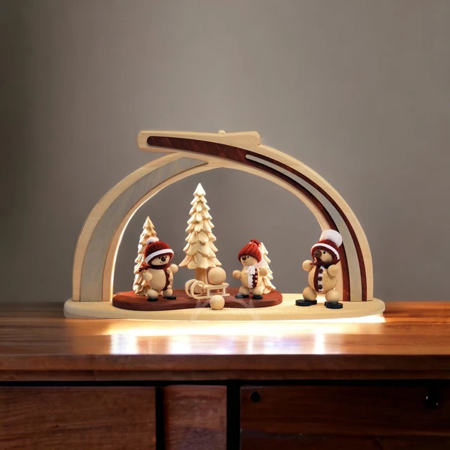 Original Erzgebirge Schwibbogen  Massivholzbogen Schneemänner mit LED Seiffen
