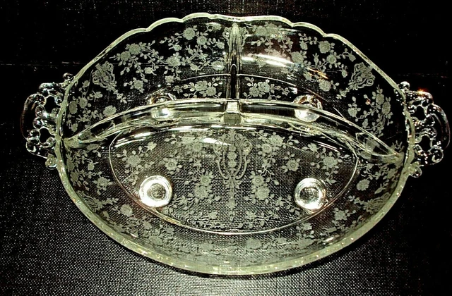 Cambridge Rose Point Clear Etched Glass Divided 3 Part Relish Dish Nuts Footed