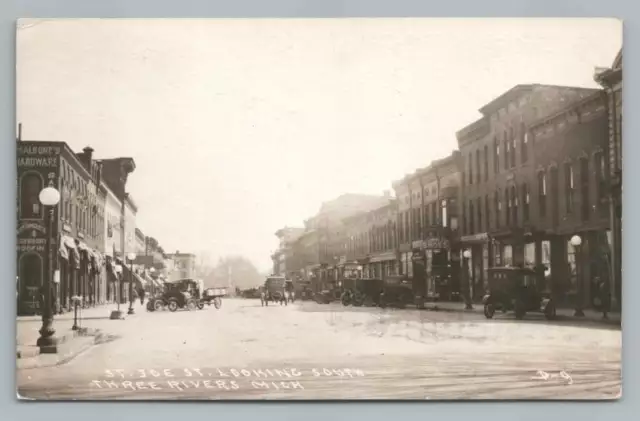 St. Joe Street THREE RIVERS Michigan RPPC Antique Real Photo Postcard 1920