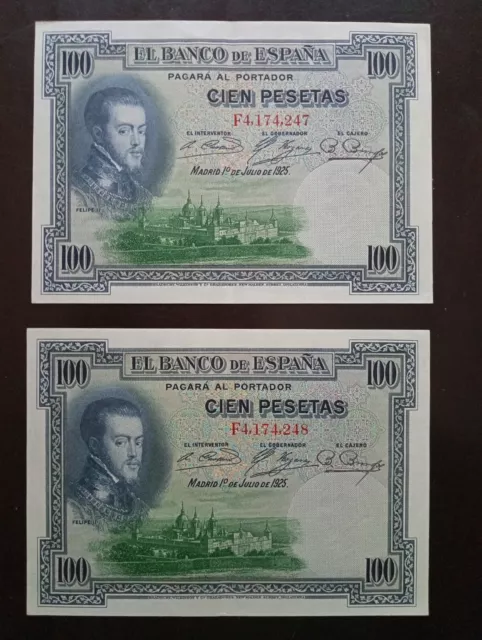 Pareja correlativa billetes de 100 pesetas 1925. Calidad EBC+.