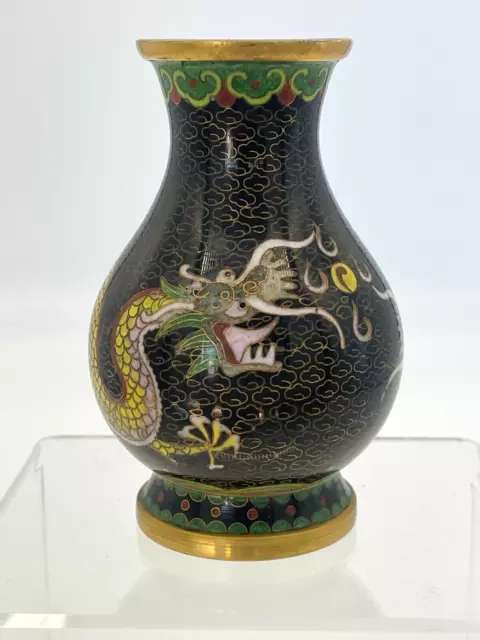 Small 20th Century Chinese Cloisonné Vase, Yellow Dragon on Black Background