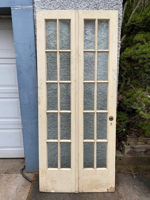 Antique Pair of Solid Hardwood Folding French Doors. 40 Panes BEAUTIFUL