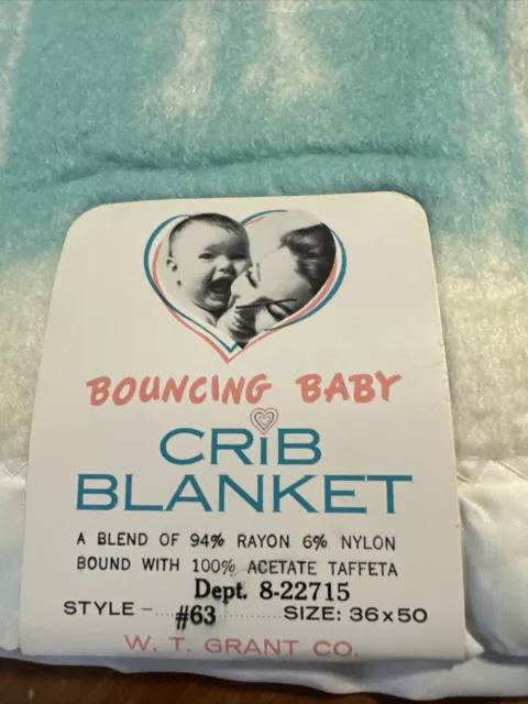 Vintage NOS Bouncing Baby Crib Blanket 36x50 W.T. Grant Co. Blue Yellow White