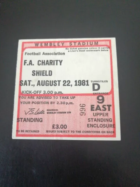 Aston Villa V Spurs. 1981 F. A. Charity Shield. Ticket. 22nd August.