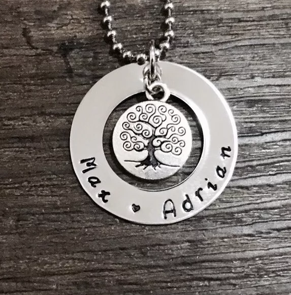 personalised hand stamped stainless steel 32mm washer necklace with tree of life