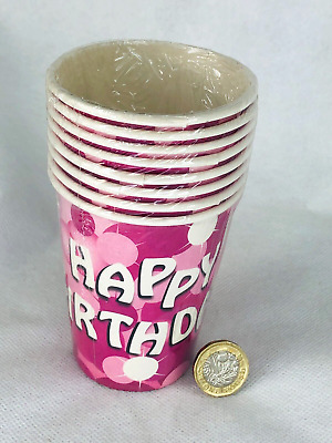 Paper Cups Party Happy Birthday Pink New 8Pc