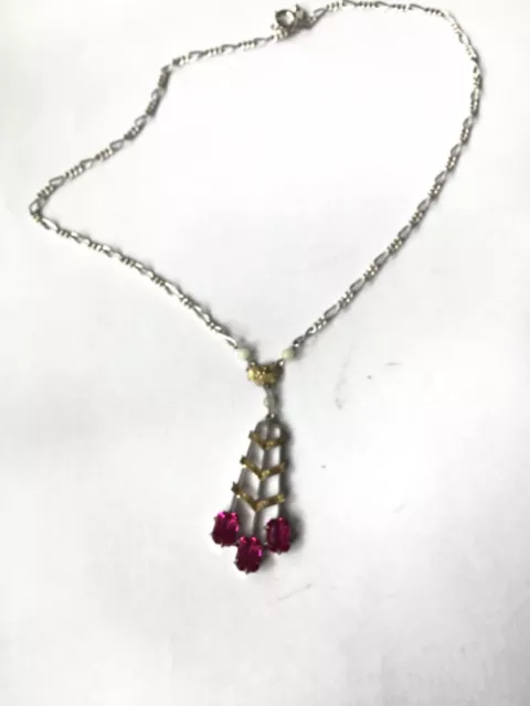 Vtg Art Deco Crystal pink  Glass lavalier  Necklace