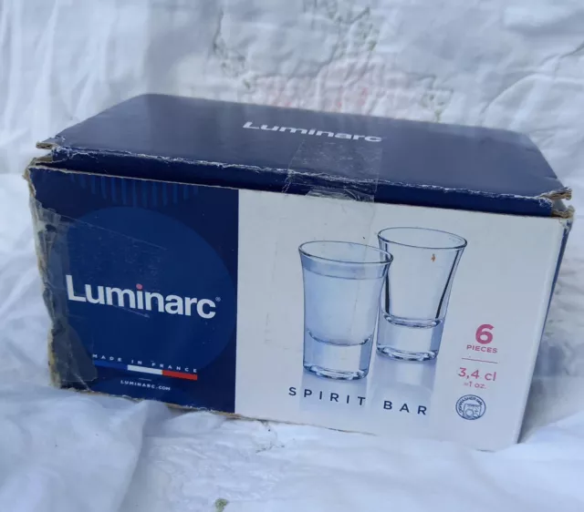 Vintage Boxed Set of 6 x LUMINARC Shot Glasses Clear Glass Heavy Base Unused