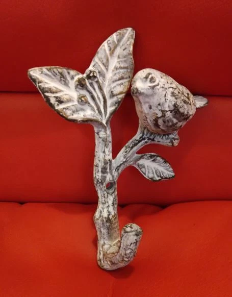 Bird On A Branch Wall Hook ANTIQUE WHITE Finish Cast Iron Recycled Coat Hanger