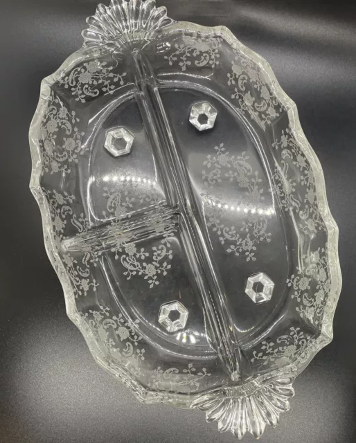 Fostoria Meadow Rose 3 Part Glass Footed Relish Dish Handled Etched Crystal