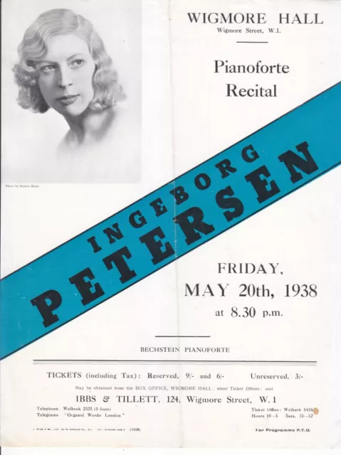 Concert Recital Programme 1938  Wigmore Hall Piano Ingeborg Petersen