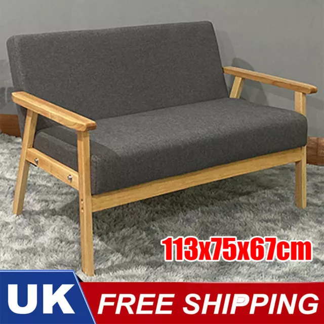 2 Seater Sofa with Sturdy Wood Legs Frame Linen Fabric Small Couch Armchair Grey