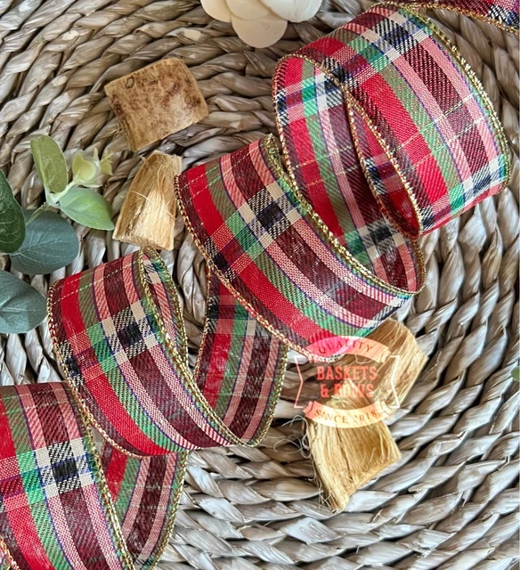 WEIHNACHTEN DRAHTKANTENBAND ROT TARTAN GINGHAM 38 mm GESCHENKVERPACKUNG HANDWERK DEKORATION