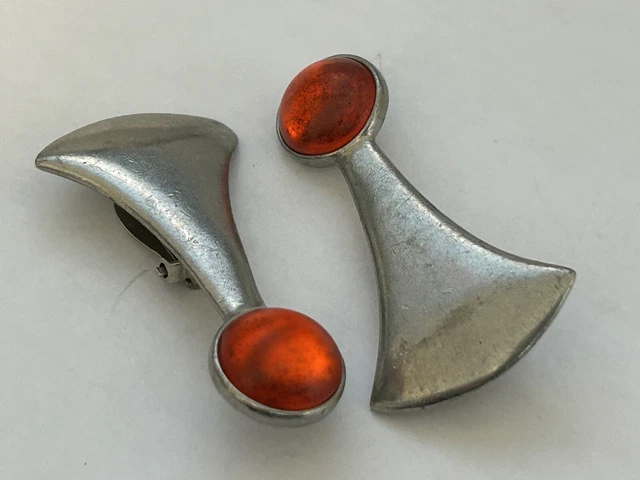 Vintage Ben Amun Modernist Earrings Clip On Chunky Aluminum With Orange Glass