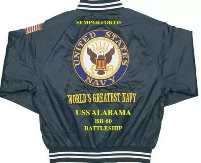 Uss Alabama Bb-60 Battleship Navy Embroidered Satin Jacket (Back Only)