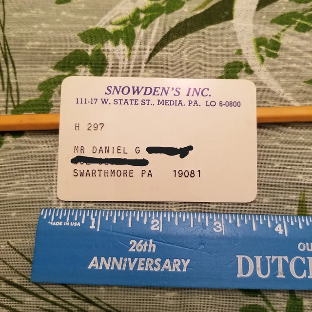 Vintage Snowdens Media PA Penn Department Store Plastic Credit Plate Charge Card