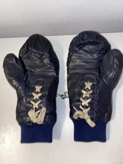 Vintage 70s Womens Grandoe Black Blue Lace Up Leather Ski Gloves Sz Large Rare!