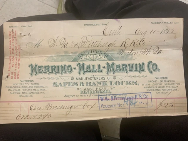 1892 Billhead Herring Hall Marvin Safe & Lock Co. Cincinnati Ohio green ink