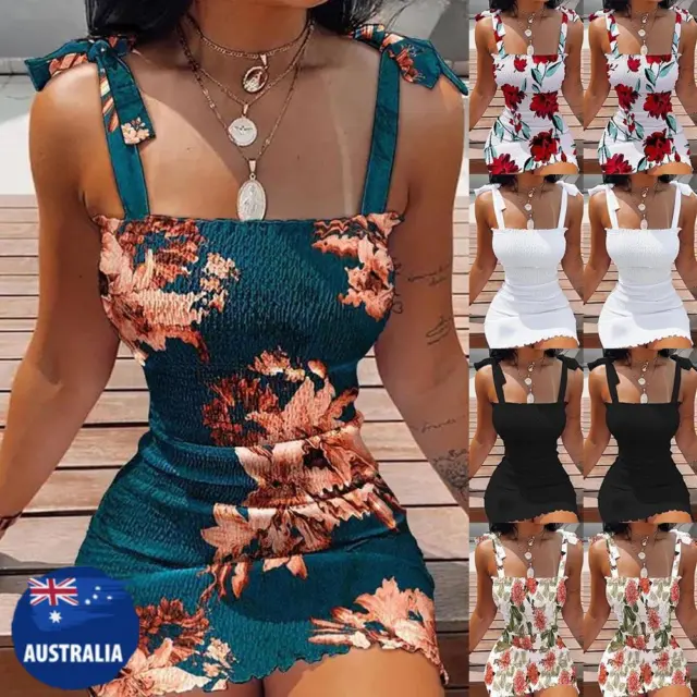 Womens Sexy Boho Floral Bodycon Mini Dress Ladies Summer Holiday Beach Sundress